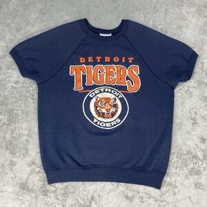 Vtg Detroit Tigers Sweatshirt Mens Sz XL (fits L) Blue Short Sleeve MLB Baseball